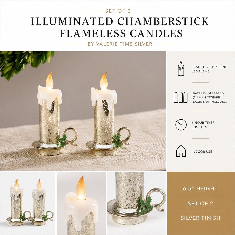Valerie Parr Hill Set 2 Illuminated Chamberstick Flameless Candles Silver 6.5in